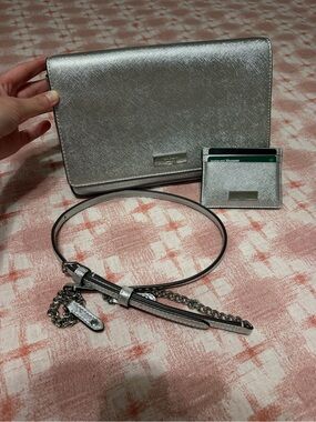 Kate Spade Kenzie Metallic Silver Crossbody Bag + Card Holder COMBO 🤩